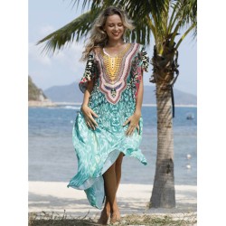 Half Sleeve V-Neck Floral Printed Split-Side Cover-Up Swimwear