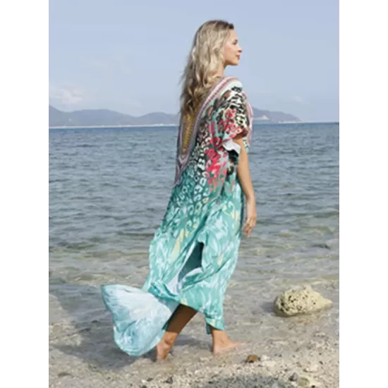 Half Sleeve V-Neck Floral Printed Split-Side Cover-Up Swimwear