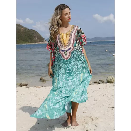 Half Sleeve V-Neck Floral Printed Split-Side Cover-Up Swimwear