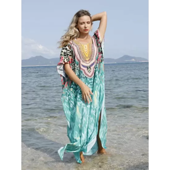 Half Sleeve V-Neck Floral Printed Split-Side Cover-Up Swimwear