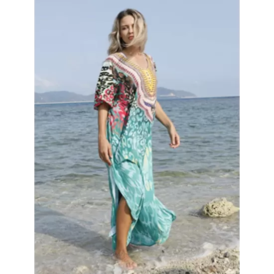 Half Sleeve V-Neck Floral Printed Split-Side Cover-Up Swimwear