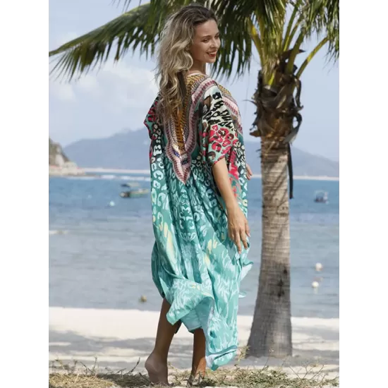 Half Sleeve V-Neck Floral Printed Split-Side Cover-Up Swimwear