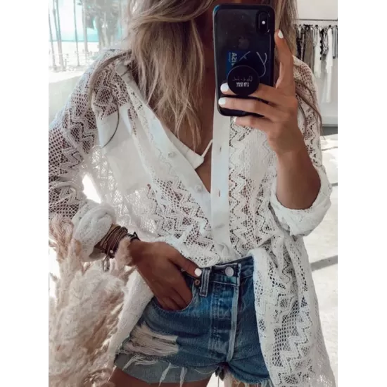 See-Through Lace Split-Joint Long Sleeved Shirt Cover-Ups Tops