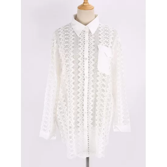 See-Through Lace Split-Joint Long Sleeved Shirt Cover-Ups Tops