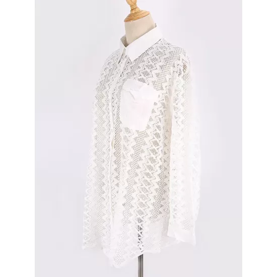 See-Through Lace Split-Joint Long Sleeved Shirt Cover-Ups Tops