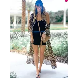 Chiffon Long Sleeve Leopard Long Sleeve Cardigan Cover-Up Swimwear