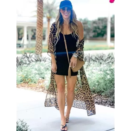 Chiffon Long Sleeve Leopard Long Sleeve Cardigan Cover-Up Swimwear