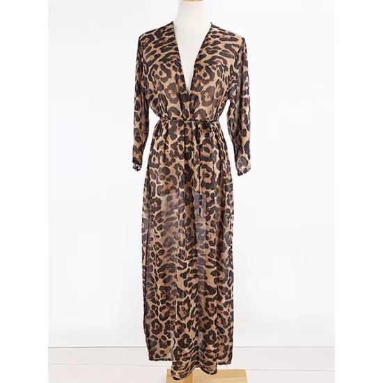 Chiffon Long Sleeve Leopard Long Sleeve Cardigan Cover-Up Swimwear