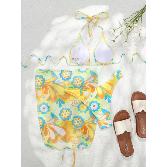 Floral-Print Triangles Bikini Swimsuit+Smocked Cover-Up Three-Piece Set