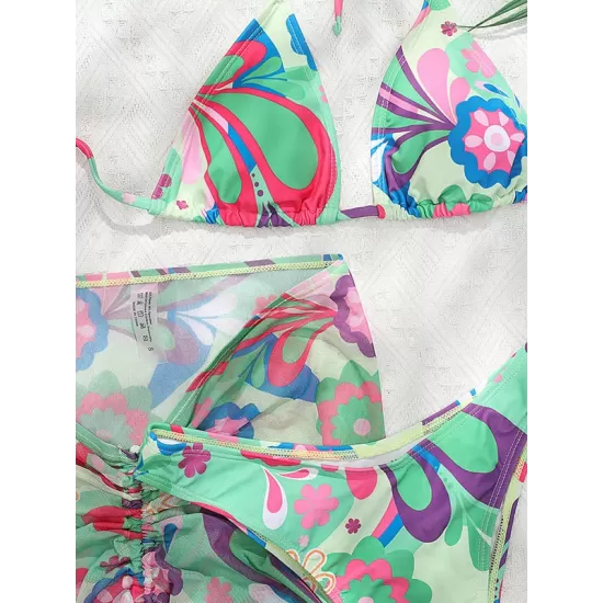 Floral-Print Triangles Bikini Swimsuit+Smocked Cover-Up Three-Piece Set