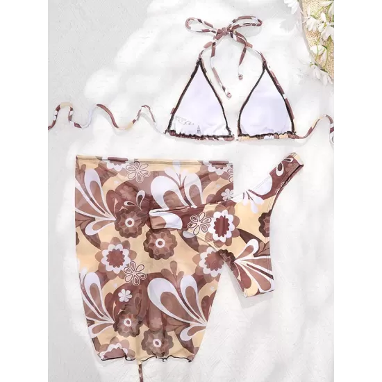 Floral-Print Triangles Bikini Swimsuit+Smocked Cover-Up Three-Piece Set