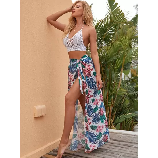 Sexy Floral Print Split-Side Bandage Beach Cover-Up Swimwear