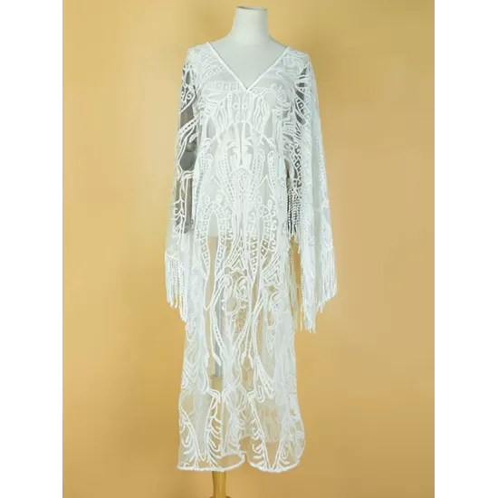 Sexy V-Neck Lace Half Sleeve Midi Dress Cover-Up Swimwear