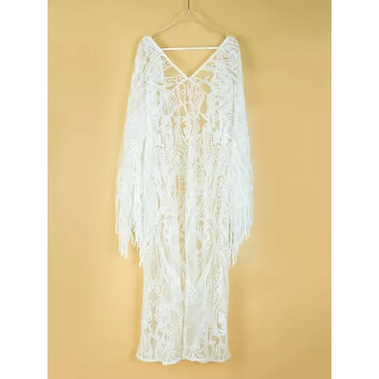 Sexy V-Neck Lace Half Sleeve Midi Dress Cover-Up Swimwear