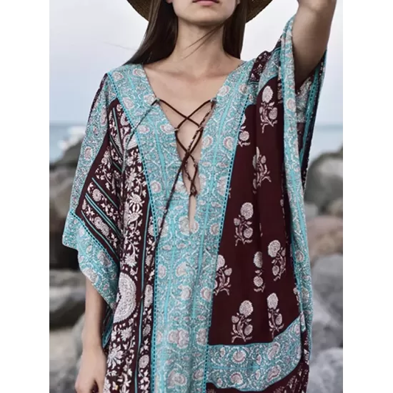 Ethnic Printed Flared Sleeves Cover-Ups Tops