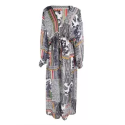 Floral-Print Split-Joint Belted Long Sleeve Tunicshang Cover-Ups