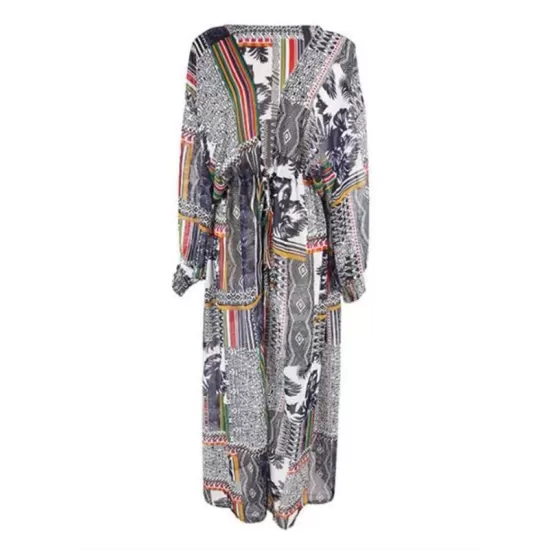 Floral-Print Split-Joint Belted Long Sleeve Tunicshang Cover-Ups