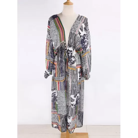 Floral-Print Split-Joint Belted Long Sleeve Tunicshang Cover-Ups