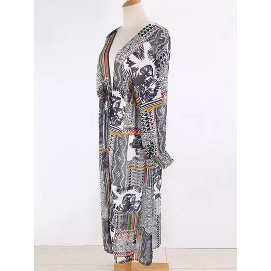 Floral-Print Split-Joint Belted Long Sleeve Tunicshang Cover-Ups