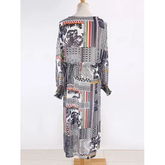 Floral-Print Split-Joint Belted Long Sleeve Tunicshang Cover-Ups