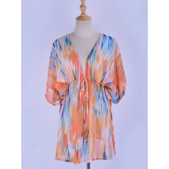 Colorful Gradient Bat Sleeves Belted Cover-Ups Tops