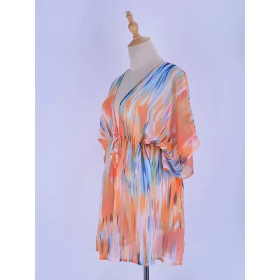 Colorful Gradient Bat Sleeves Belted Cover-Ups Tops