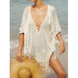 Crochet See-Through Half Sleeves Cover-Ups Tops