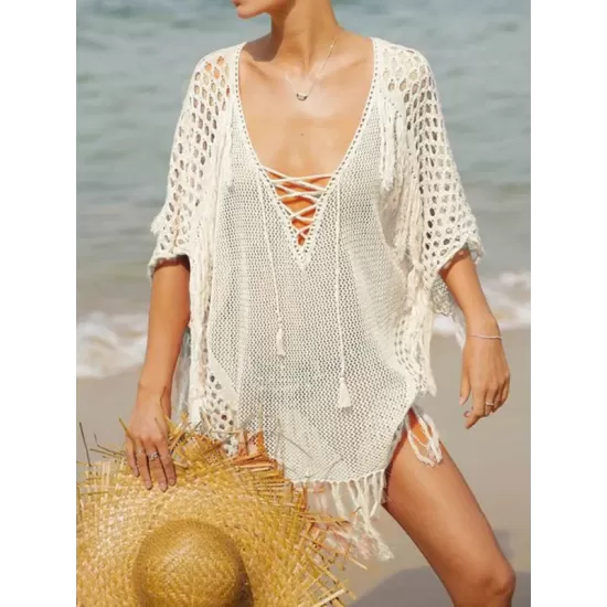 Crochet See-Through Half Sleeves Cover-Ups Tops