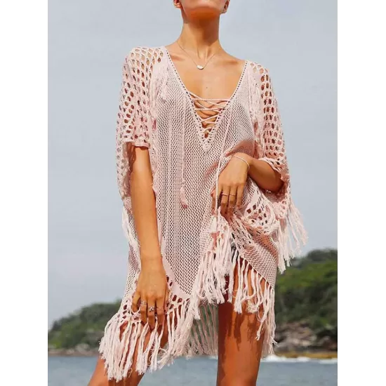 Crochet See-Through Half Sleeves Cover-Ups Tops