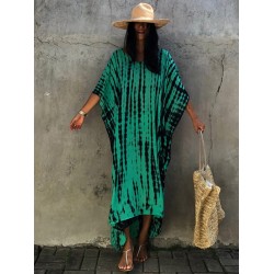 Bohemia Oversized Stripped Printed Batwing Sleeves Cover-Up