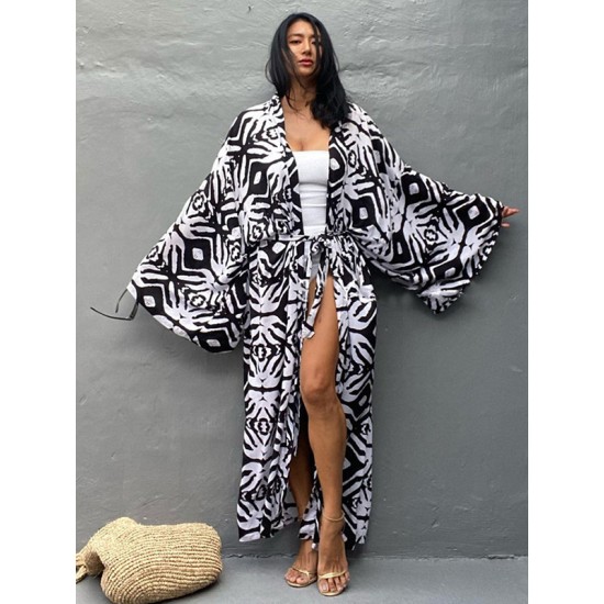 Bohemia Printed Belted Long Sleeves Cover-Up