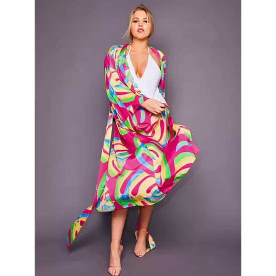 Bohemia Printed Belted Long Sleeves Cover-Up