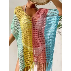 Vacation Loose Patchwork V-Neck Cover-Ups Swimwear