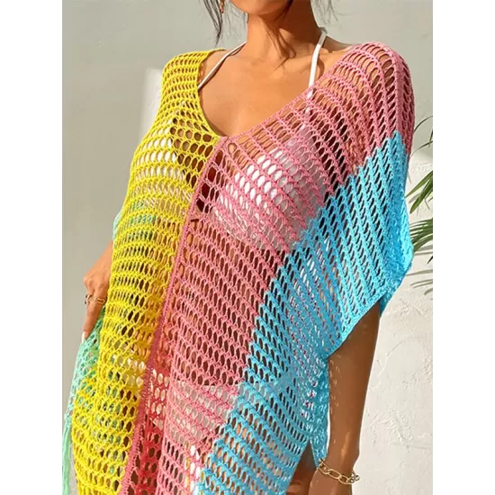 Vacation Loose Patchwork V-Neck Cover-Ups Swimwear