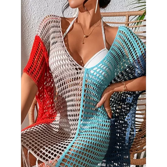 Vacation Loose Patchwork V-Neck Cover-Ups Swimwear