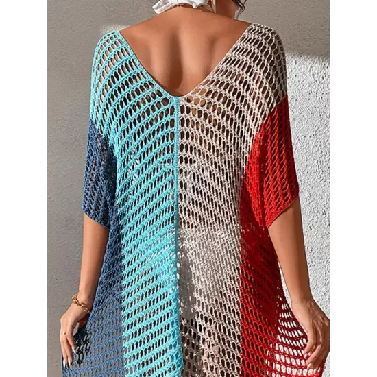 Vacation Loose Patchwork V-Neck Cover-Ups Swimwear