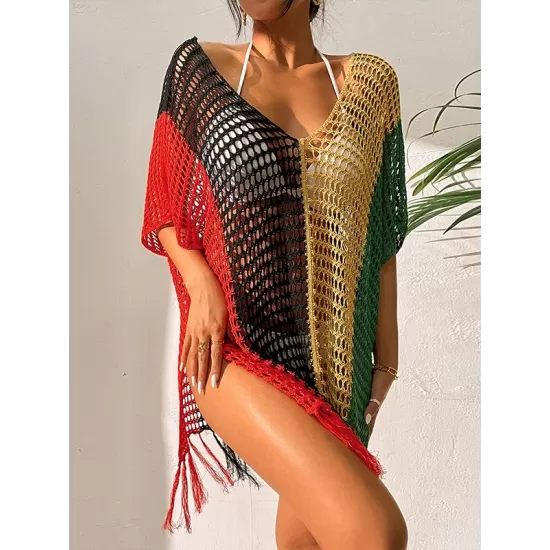 Vacation Loose Patchwork V-Neck Cover-Ups Swimwear