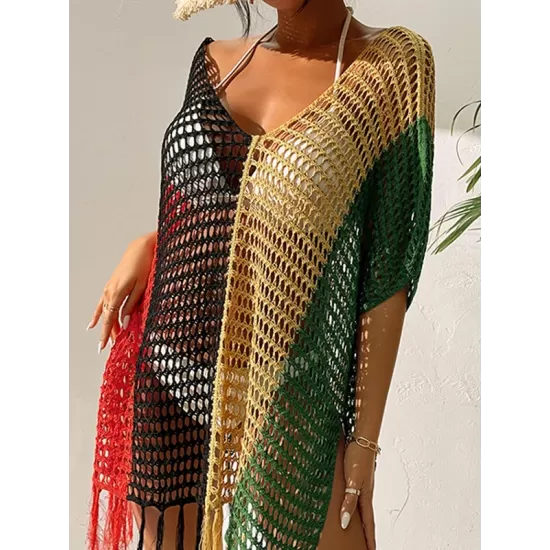 Vacation Loose Patchwork V-Neck Cover-Ups Swimwear