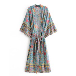 Vacation Loose Floral Printed Lace-Up V-Neck Kimono