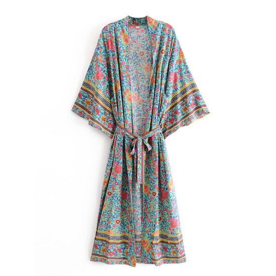 Vacation Loose Floral Printed Lace-Up V-Neck Kimono