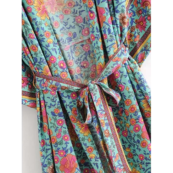 Vacation Loose Floral Printed Lace-Up V-Neck Kimono