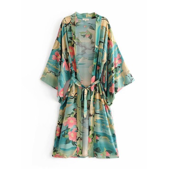 Beach Loose Floral Printed Lace-Up V-Neck Cover-Up Top