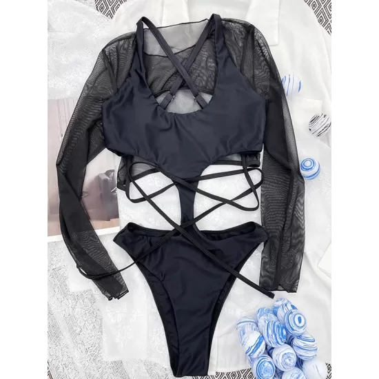 Padded Belly-Hollow Mesh Cover-Ups & One-Piece Swimwear Two Pieces Set