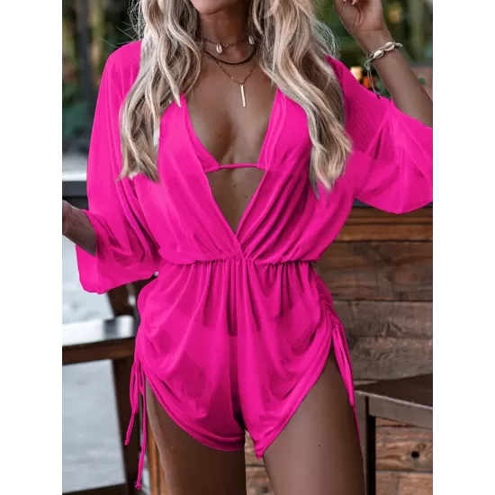 Three Pieces Set Loose Solid Color Padded Halter-Neck Bikini Swimsuit &Cover-Ups Rompers Swimwear