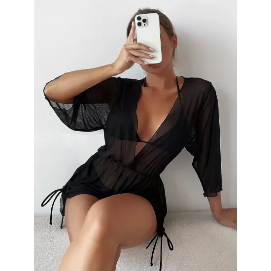 Three Pieces Set Loose Solid Color Padded Halter-Neck Bikini Swimsuit &Cover-Ups Rompers Swimwear