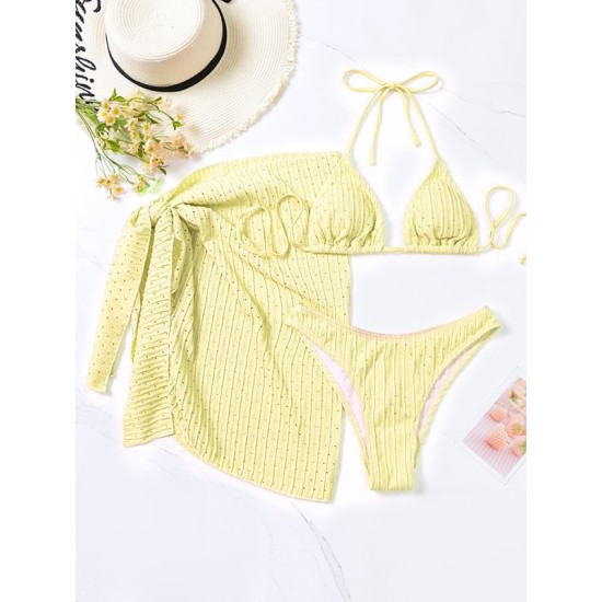 Simple Three Pieces Halterneck Triangle Bikini Set