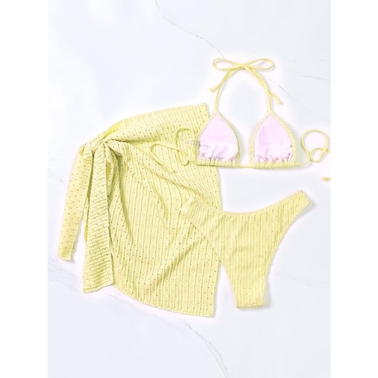 Simple Three Pieces Halterneck Triangle Bikini Set