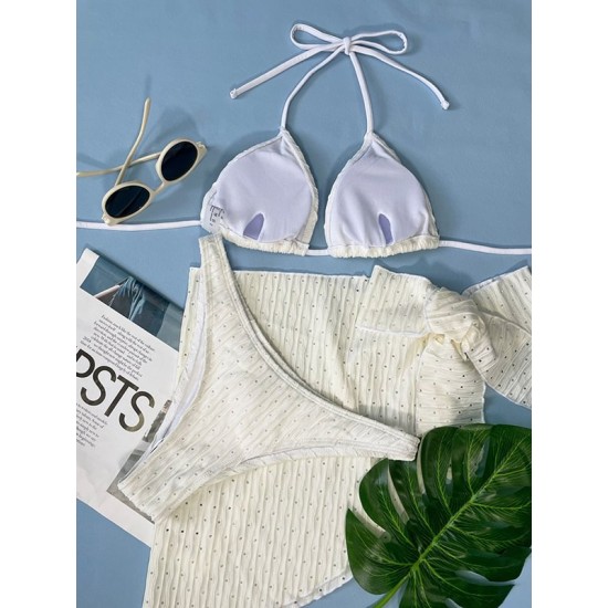 Simple Three Pieces Halterneck Triangle Bikini Set