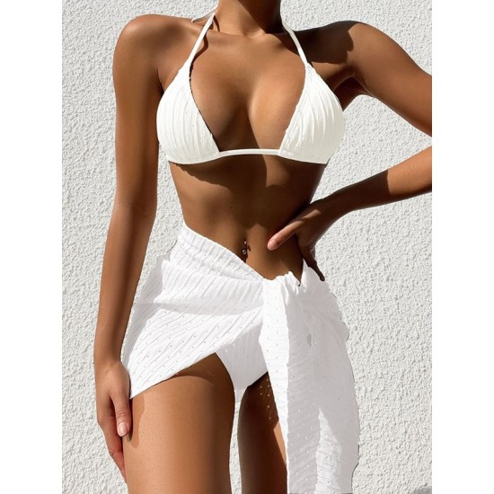 Simple Three Pieces Halterneck Triangle Bikini Set