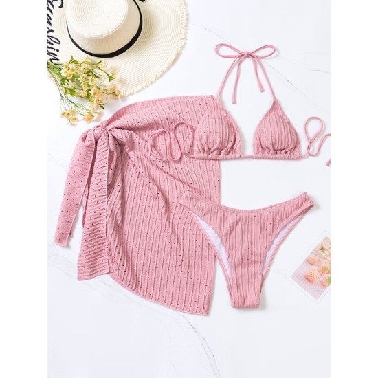 Simple Three Pieces Halterneck Triangle Bikini Set